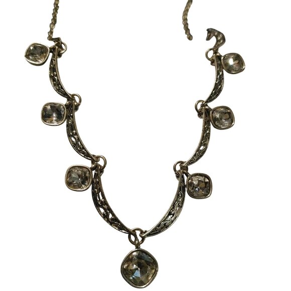 Crown Trifari Crystal Pave Necklace Vintage Silver Tone Filigree Clear Cushion - Picture 7 of 12